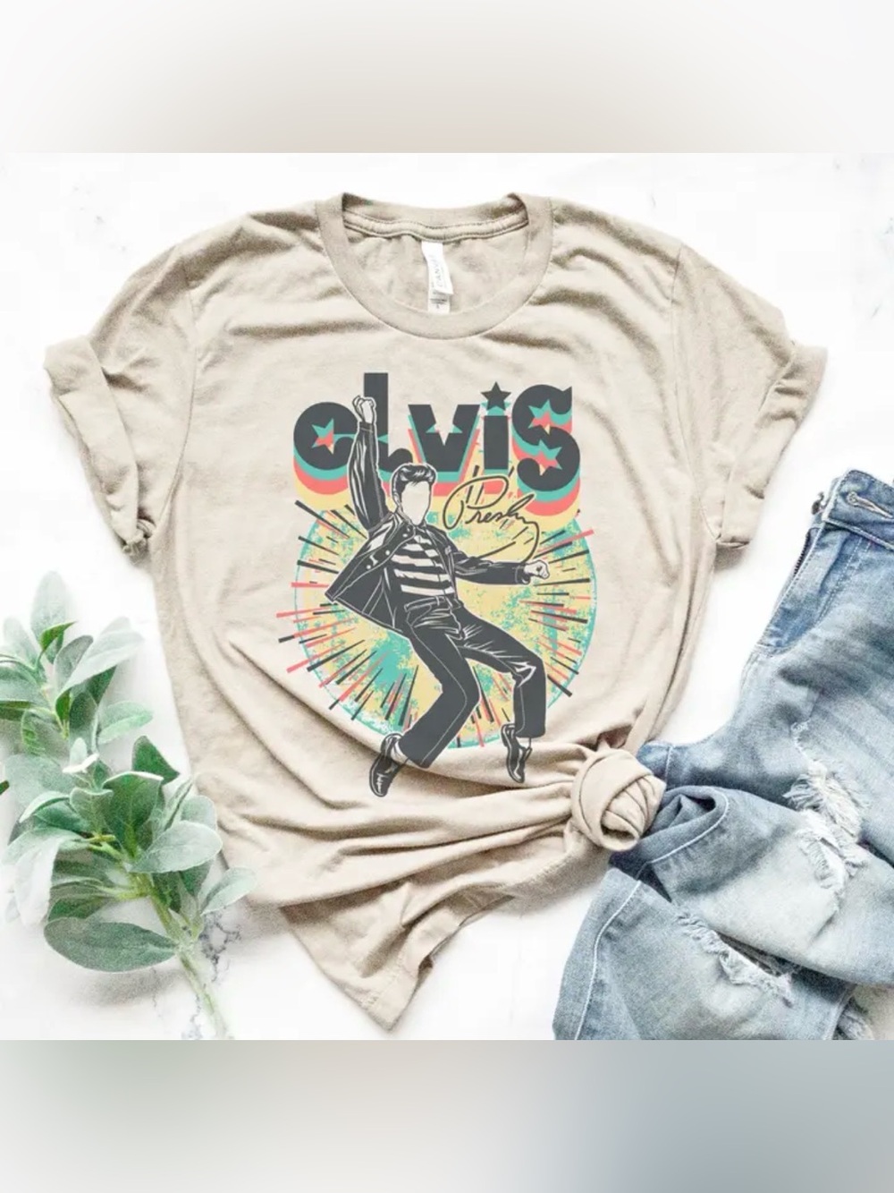 Elvis Presley Graphic Tee - Beige Retro Unisex Shirt - Picture 1 of 5